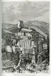 O convento de Mar-Saba (Mar Saba) (Palestina). Gravura de Taylor, para ilustrar a história da Síria de hoje, de M. Lortet, decano da Faculdade de Medicina de Lyon, encarregado de uma missão científica pelo Ministério da Educação Pública, publicada na revis