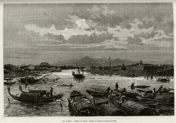 Vista de Hue (Vietnã), com descrição da navegação no rio Song Huong e Thien Mu Pagoda, atrás dos muros perimetrais. Gravura de Taylor, para ilustrar a história "Trente mois au Tonkin" do Dr. Charles Edouard Hocquard (1853-1911), em 1885, em