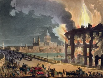 Incêndio em Albion Mill, Blackfriars Bridge, do "Microcosmo de Londres" de Ackermann, c.1808-11 (aquatint)