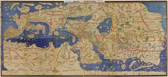 Uma cópia de 1929 com nomes traduzidos em alfabeto latino do 1154 Arabic Tabula Rogeriana, de cabeça para baixo com orientação norte para cima