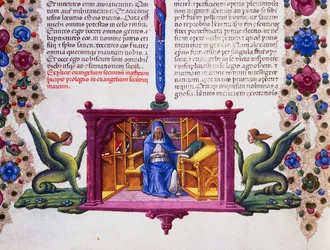 Friso de fronteira ao pé da página com São Mateus Evangelista, Volume II f 148, v, Bíblia de Borso d