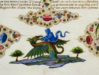 Friso de fronteira ao pé da página com figura de gênio e monstro alado, Volume II f 198, v, Bíblia de Borso d