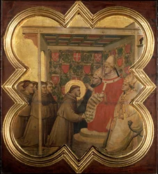 Vida de São Francisco de Assis: Inocêncio III confirma a regra franciscana em 1210 - tempera sobre a madeira