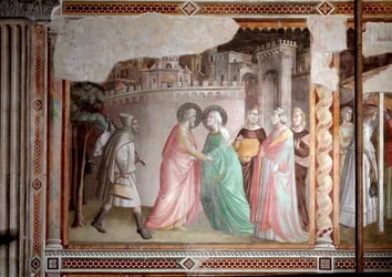 A vida da Virgem: encontro de Joaquim e Ana no portão de ouro (fresco, c.1327)