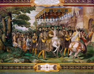 Francisco I dá as boas-vindas a Carlos V e ao Cardeal Alessio Farnese em Paris, por Taddeo Zuccari (1529-1566), Palazzo Farnese, Caprarola, Itália