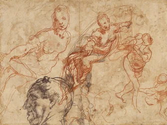 Desenho de um prato circular (frente); Estudos de figuras (verso)