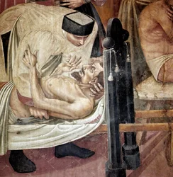 Cuidados com os doentes num hospital, uma enfermeira ajuda um ferido deitado numa maca" Detalhe. Fresco por Taddeo di Bartolo (1363-1422) Siena do século XIV, Spedale di Santa Maria della Scala