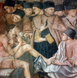 Cuidados com os doentes num hospital, enfermeiras lavam os pés de uma ferida de pelerina" Detalhe. Fresco por Taddeo di Bartolo (1363-1422) Siena do século XIV, Spedale di Santa Maria della Scala
