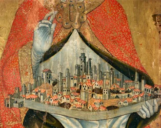 Vista da cidade de San Gimignano, com casas e monumentos, detalhe (pintura