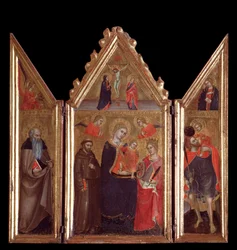 Virgem com criança e santos - tempera na madeira