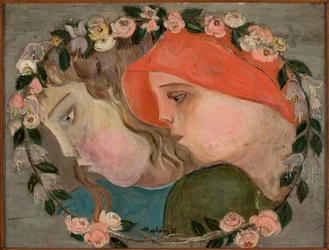 Duas cabeças de meninas numa grinalda de flores