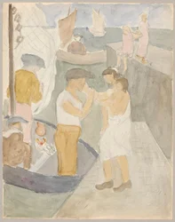 Família de pé no porto