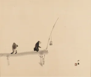 Impressão em xilogravura - Dois macacos em um cais, final do século XIX e início do século XX