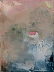 Casa com telhado rosa nevoeiro