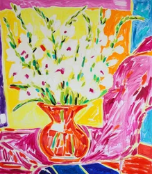 Vaso com gladíolos coloridos