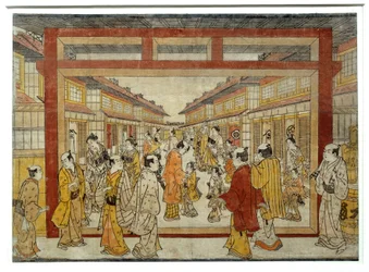Vista de perspectiva da Nakano-Cho. Impressão japonesa de Masanobu Tanaka, ativa entre 1741 e 1748, estilo Ukiyo-E. Paris, Musee Guimet
