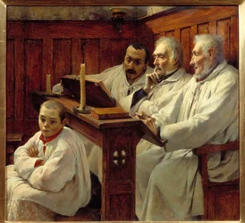 Os Sacerdotes do Credo e a criança do coro lendo a Bíblia. Pintura de Tancrede Bastet (1858-1942) Grenoble do século XX, Musee des Beaux Arts Atenção! A utilização desta obra pode ser sujeita a um pedido de autorização de terceiros ou a taxas adicionais