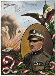 Alegoria sobre o Major Francesco Baracca (1888-1918) heróis da Força Aérea Italiana que morreram em batalha em 1918. Desenho de Tancredi Scarpelli. Milanês .