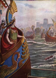 Antiguidade, Guerra Civil Romana: Rainha egípcia Cleópatra VII Thea Philopator (69-30 aC) na Batalha de Actium no Golfo Ambracic em 2 de setembro de 31 aC contra a Frota de Oitava de Actium,