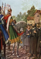 O imperador Frederico I Barberossa (1122-1190) em sua segunda viagem à Itália em 1158 passa o rio Adda e encontra o povo de Lodi que lhe pede para recuperar seu território. Tancredi Scarpelli (1866-1937) de “Storia d