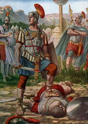 Antiquito romano: representação do Cônsul Tito Manlius Imperiosus Torquatus derrotando um gálico em 361 a.C. - (Tito Manlius Torquatus lutando contra um guerreiro galego que desafiou o exército romano e o matou, 361 a.C.) Ilustração de Tancredi Scarpelli (