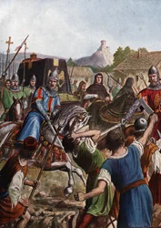 O cortejo fúnebre do imperador Otton (Othon) III do Sacro Império (980-1002) leva os restos mortais pela Itália em direção a Aachen lutando em sua passagem contra as populações revoltadas (O caixão de Otto III, Sacro Imperador Romano, passando por multidõe