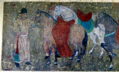Arte chinesa: "dois palefreniers conduzindo quatro cavalos num estábulo imperioso" Detalhe de um fragmento de um pergaminho de seda atribuído a Han Kan, pintor da corte do Imperador Hiuan tsong (712-756). Período Tang. Dim. 50x141 cm Paris musee Cernuschi