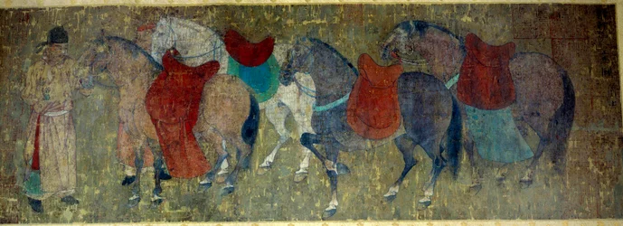 Arte chinesa: "dois palefreniers conduzindo quatro cavalos num estábulo imperioso" Fragmento de um rolo de tinta de seda atribuído a Han Kan, pintor da corte do Imperador Hiuan tsong (712-756). Período Tang. Dim. 50x141 cm Paris musee Cernuschi