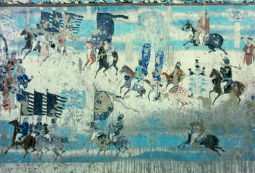 Zhang Yichao, governador de Gansu Ocidental em excursão para combater os tibetanos, Dinastia Tang, 850-907 (pintura mural)