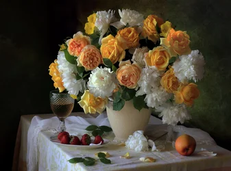 Rosas douradas e peónias