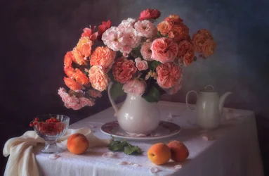 Pêssegos e rosas de jardim