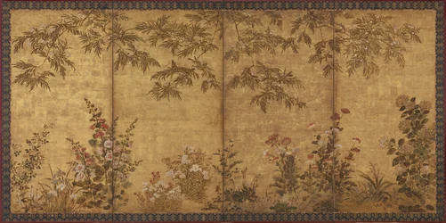 Mimosa, papoulas e outras flores de verão, período Edo, 1630-1670.