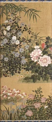 Flores e borboletas (tinta, cor e folha de ouro sobre papel)