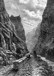 Um trem que passa pelas montanhas rochosas, EUA, século XIX.