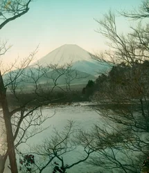 Vista do Monte Fuji a partir do Lago Shoji, cerca de 1900 - 1915 (fotografia)