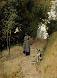 Esposa do fazendeiro com cesta e cachorro