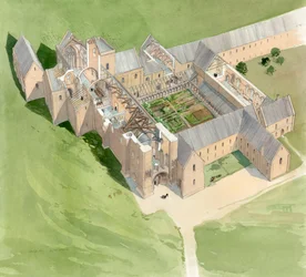 Vista aérea da Abadia de Lilleshall, por volta do final do século XV, c1990-2010
