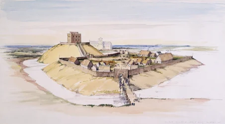 Castelo de York como poderia ter ficado logo após a construção, com o Minster além, 1985