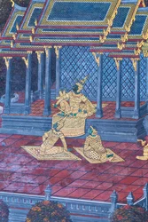 Cenas murais representando o Ramayana em Wat Phra Kaeo, o Grande Palácio Real, Banguecoque, Tailândia