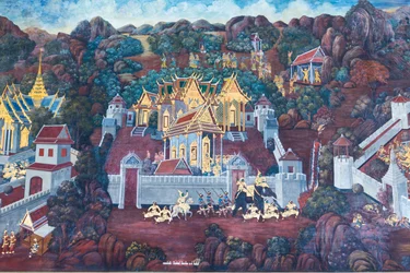 Cenas murais representando o Ramayana em Wat Phra Kaeo, o Grande Palácio Real, Banguecoque, Tailândia