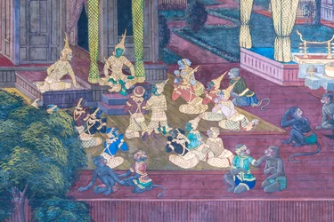 Cenas murais representando o Ramayana em Wat Phra Kaeo, o Grande Palácio Real, Banguecoque, Tailândia