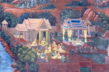 Cenas murais representando o Ramayana em Wat Phra Kaeo, o Grande Palácio Real, Banguecoque, Tailândia