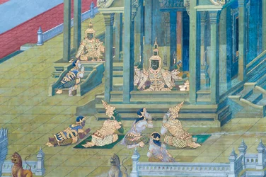 Cenas murais representando o Ramayana em Wat Phra Kaeo, o Grande Palácio Real, Banguecoque, Tailândia