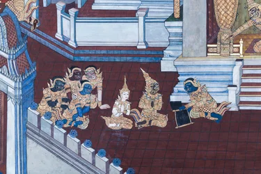 Cenas murais representando o Ramayana em Wat Phra Kaeo, o Grande Palácio Real, Banguecoque, Tailândia