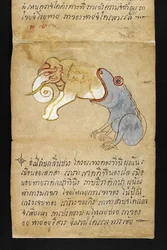 Or. 16482, f.12, sapo a comer um elefante, de Satra. Sobre adivinhação e conselhos para uma vida feliz e saudável (livro desdobrável de papel)