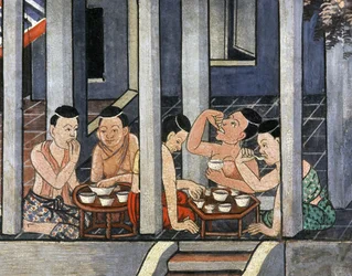 Pessoas, comer, baixo, redondo, tabelas, chamado, kantoke, meio, 19º, século, (wall, painting)