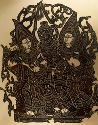 Cena do teatro de sombras Nang Yai representando Dasakantha e as suas esposas, painel de couro entalhado, Tailândia, civilização tailandesa