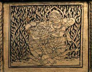 ARTE TAI: Um episódio do "Ramayana". Armário de livros, ao estilo de Banguecoque.
