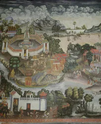 Cidade de Phitsanulok e fonte com estátuas do Buda, Wat Bowonniwet Vihara, Bangkok