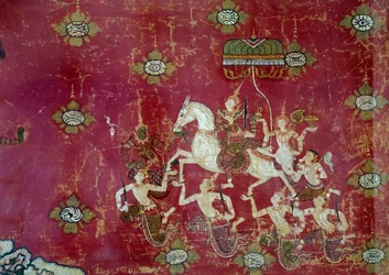 Budismo: "Cena da vida de Buda: a Grande Partida" Detalhe de um quadro em tela da Tailândia. Sol 1,4x0,9 m Paris, Musee Guimet, Musee national des Arts Asians